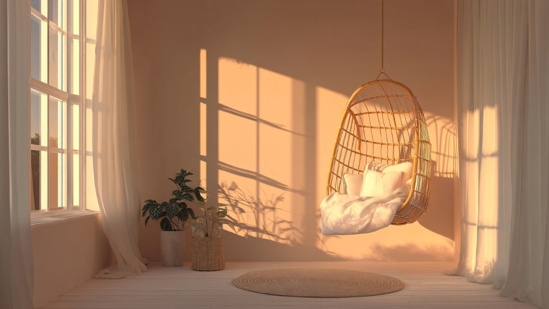 Golden light pours into a relaxing room