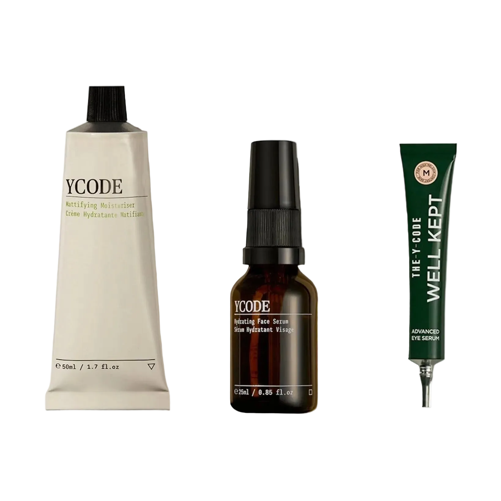 Three YCODE skincare products on a white background