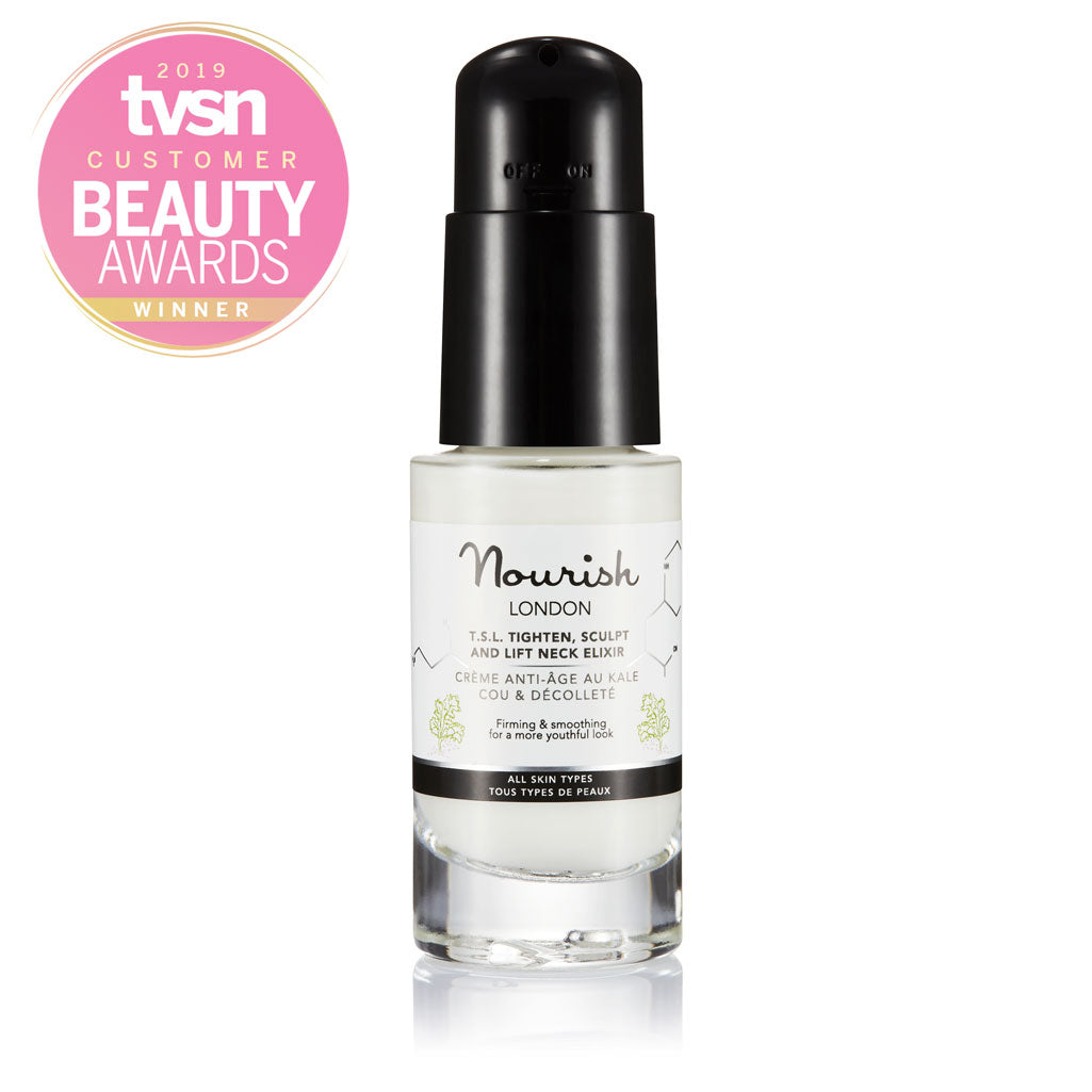 Nourish London Anti-Ageing TSL Tighten Sculpt and Lift Neck Elixir Cream Award Winning Skincare: Winner Best Targeted Problem Solver TVSN Customer Beauty Awards 2019