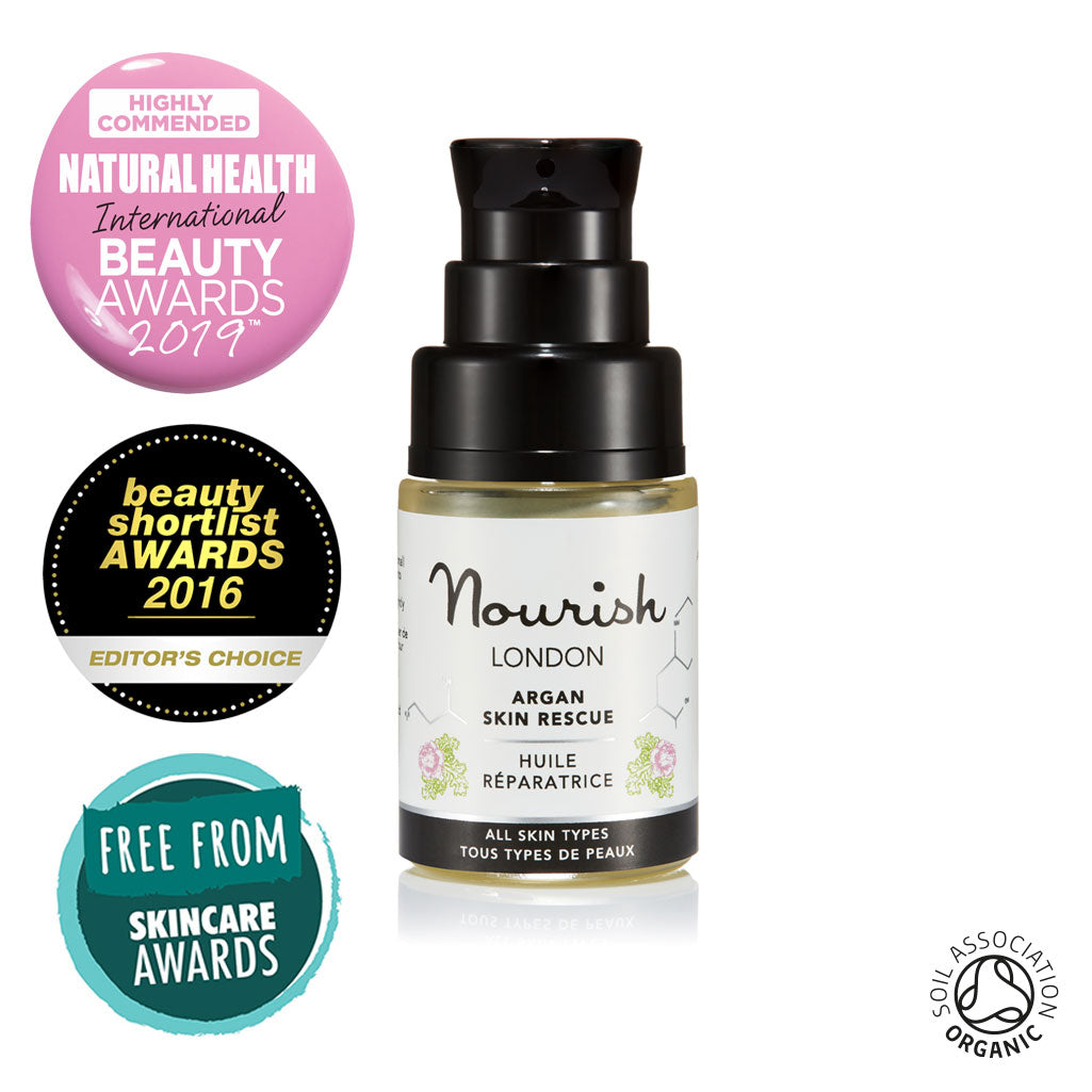 Nourish London Argan Skin Rescue 15ml Organic Certified Award Winning Skincare: Natural Health Magazine International Beauty Awards Highly Commended 2019 Best Anti-Ageing Range, Beauty Shortlist Awards Editor's Choice 2016, Winner Free From Skincare Awards 2015