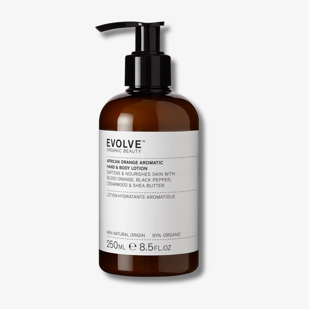 Brown lotion bottle with pump and 'Evolve' label on a white background