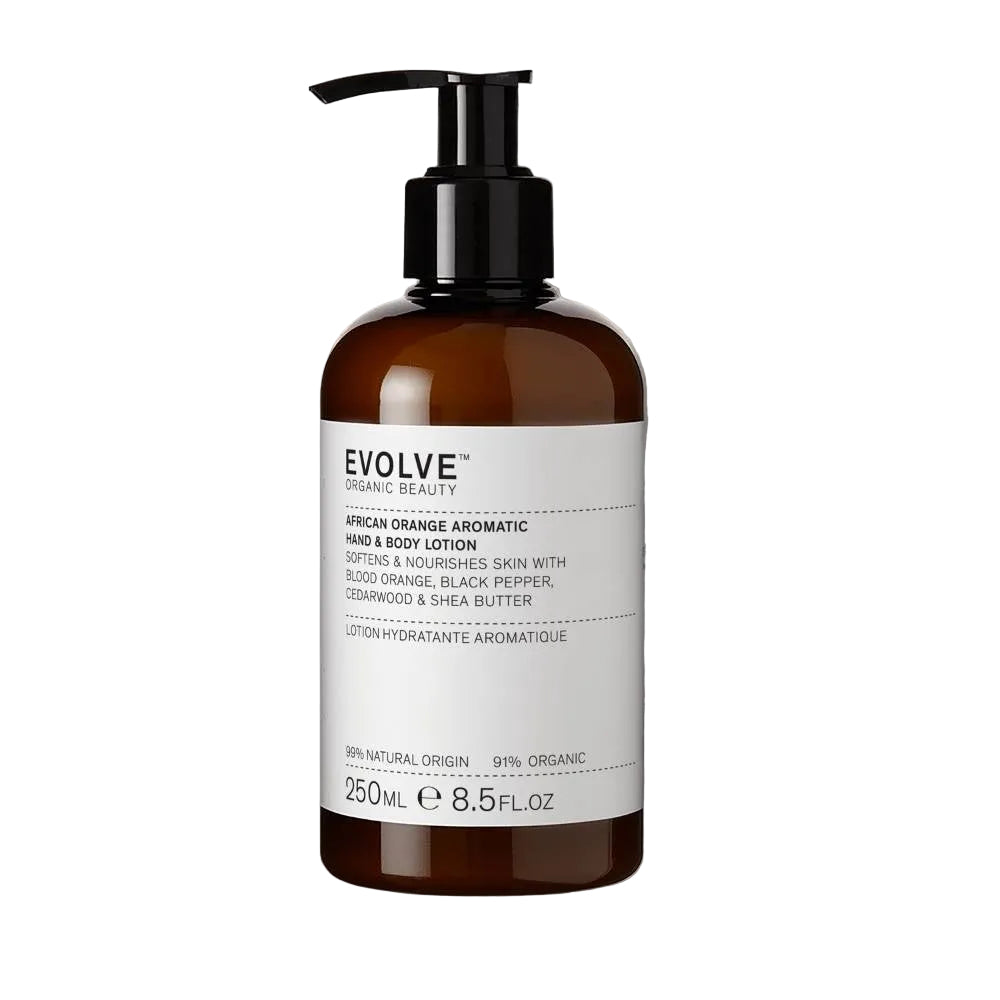 Brown lotion bottle with pump and 'Evolve' label on a white background