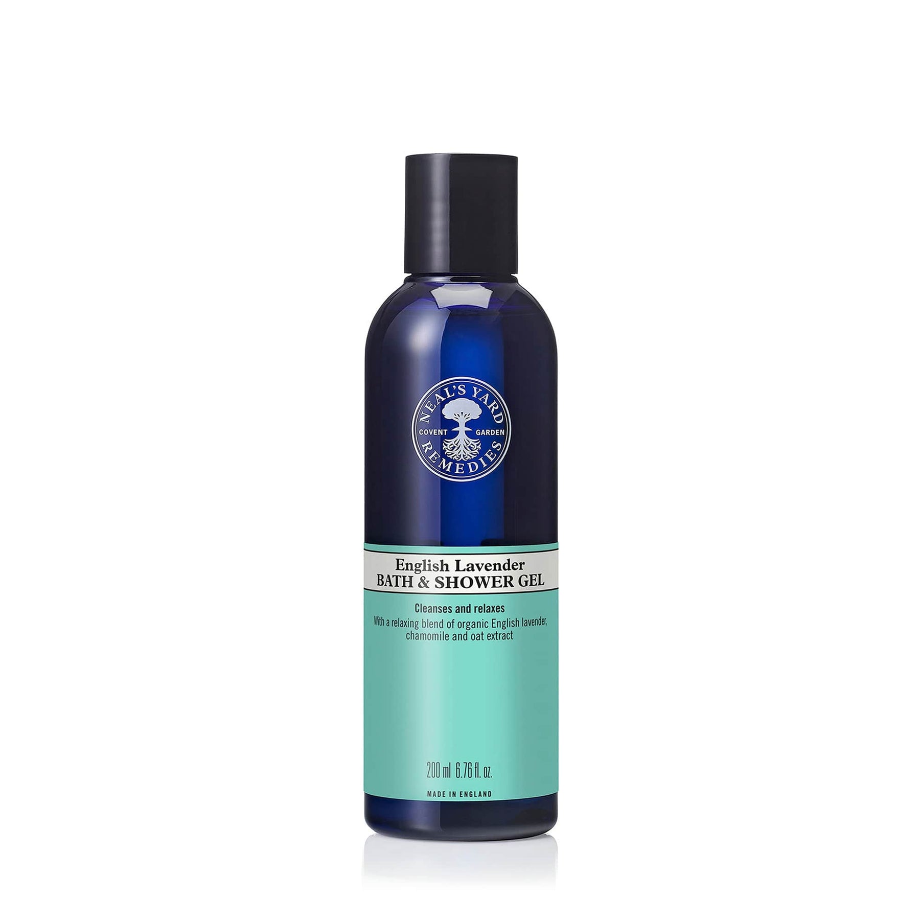 Neals Yard Remedies English Lavender Bath and Shower gel 200ml in a blue bottle on a white background