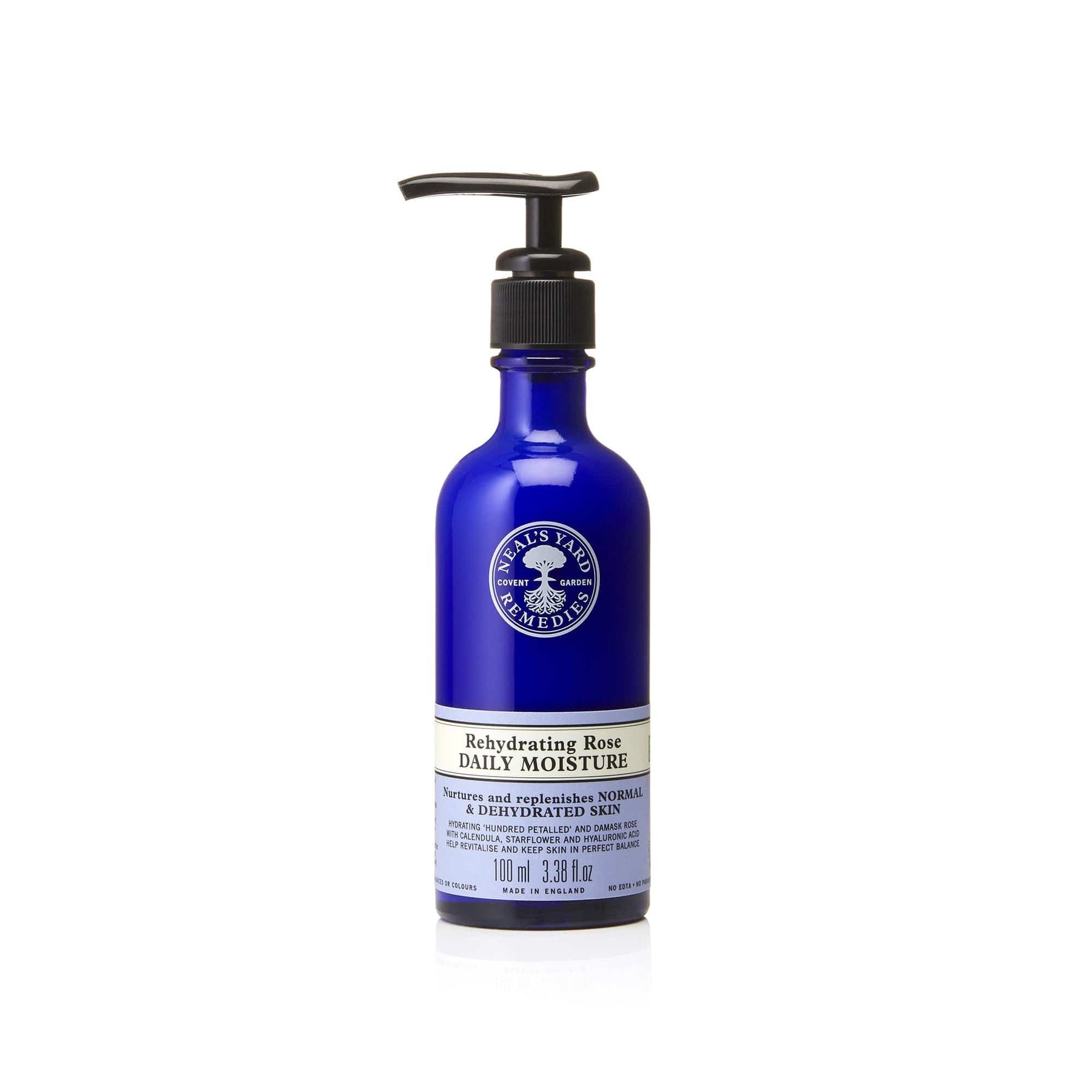 Neal's Yard Remedies Rehydrating with pump Daily Moisture Rose with pump front product shot on a white background