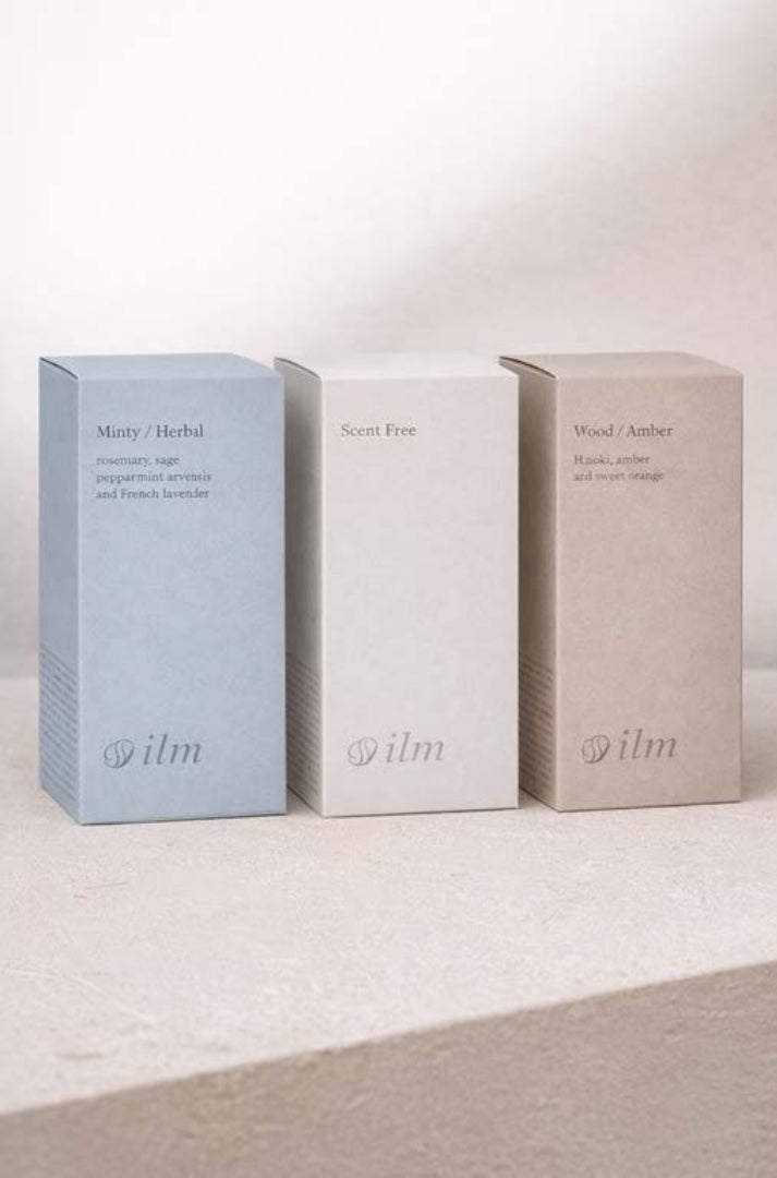 The three ILM Senteur cartons: Minty / Herbal, Scent Free, Wood / Amber