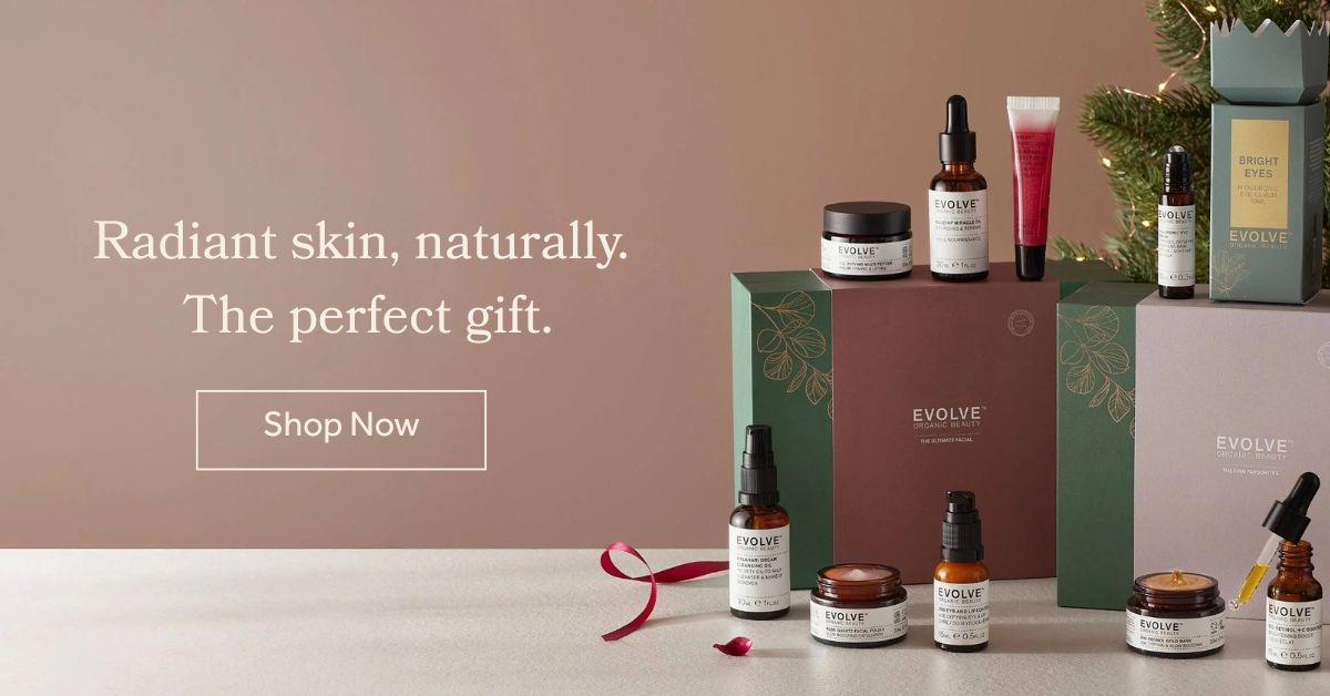 Evolve skincare products with a 'Shop Now' button on a beige background