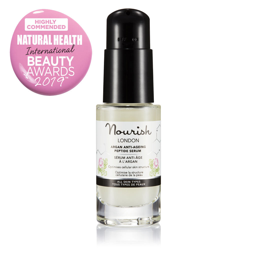 Nourish London Argan Anti-Ageing Peptide Serum Award Winning Skincare: Natural Health Magazine International Beauty Awards Highly Commended 2019 Best Anti-Ageing Range