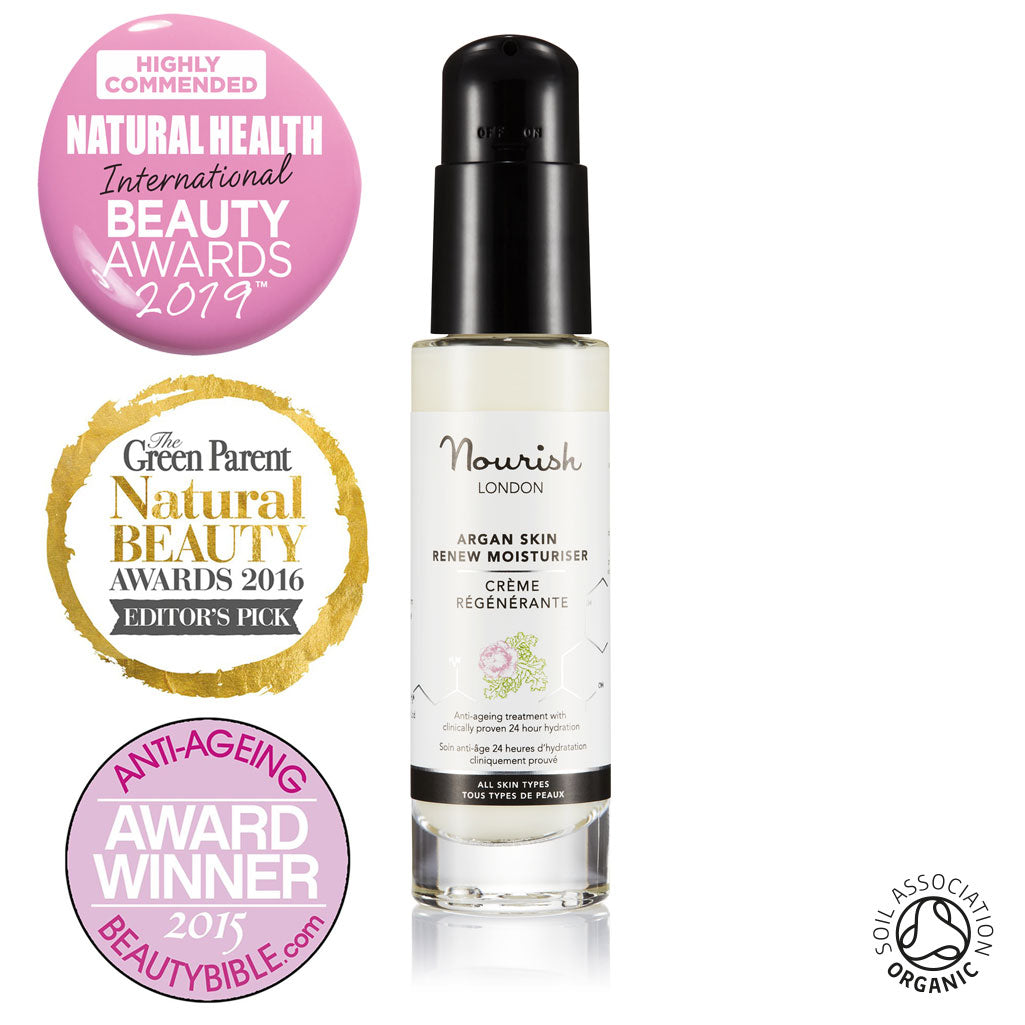 Nourish London Argan Skin Renew Moisturiser Certified Organic Award Winning Skincare: Natural Health Magazine International Beauty Awards Highly Commended 2019 Best Anti-Ageing Range, Winner The Green Parent Natural Beauty Awards Editor's Pick 2016, Best Anti-ageing Product The Beauty Bible Awards 2015