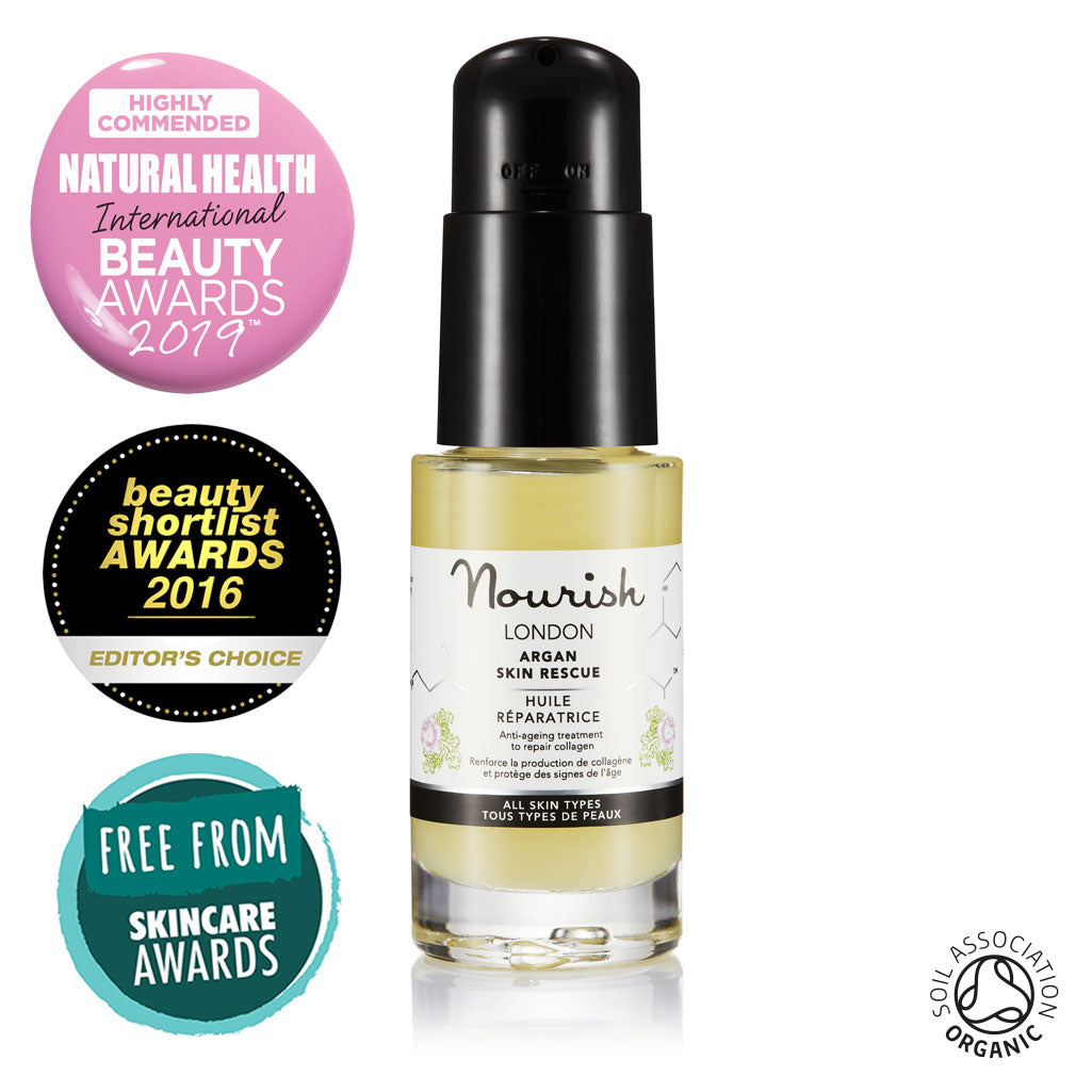 Nourish London Argan Skin Rescue Organic Certified Award Winning Skincare: Natural Health Magazine International Beauty Awards Highly Commended 2019 Best Anti-Ageing Range, Beauty Shortlist Awards Editor's Choice 2016, Winner Free From Skincare Awards 2015