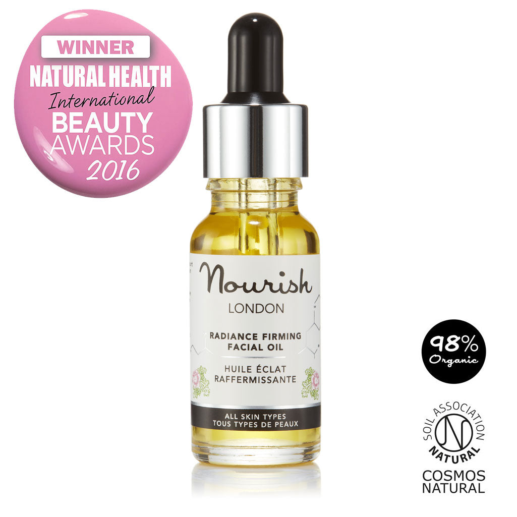 Nourish London Radiance Firming Facial Oil Award Winning Skincare: Natural Health Magazine International Beauty Awards Winner as Best facial serum - Certified Cosmos Natural 98% Organic