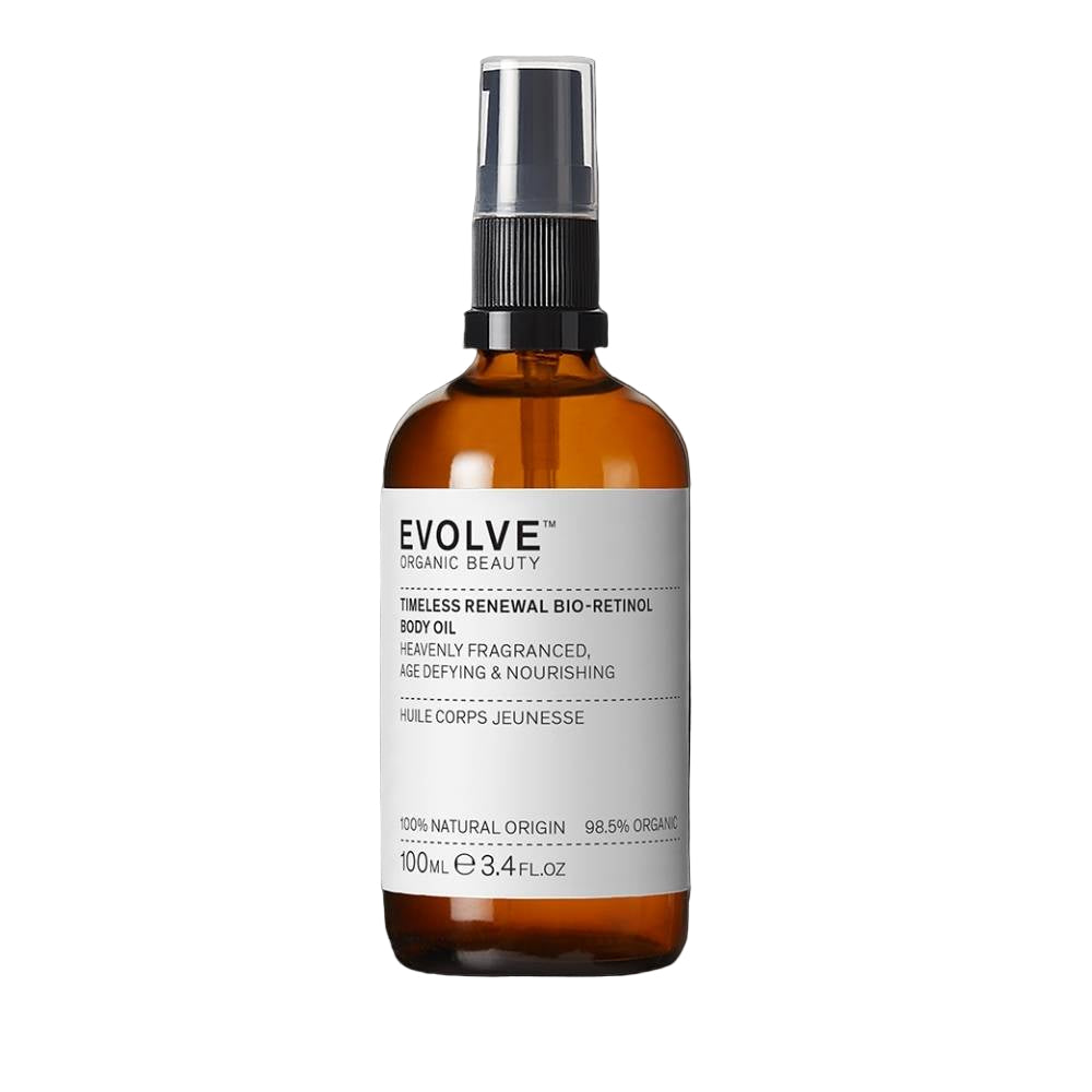 Evolve organic beauty body oil bottle on a white background