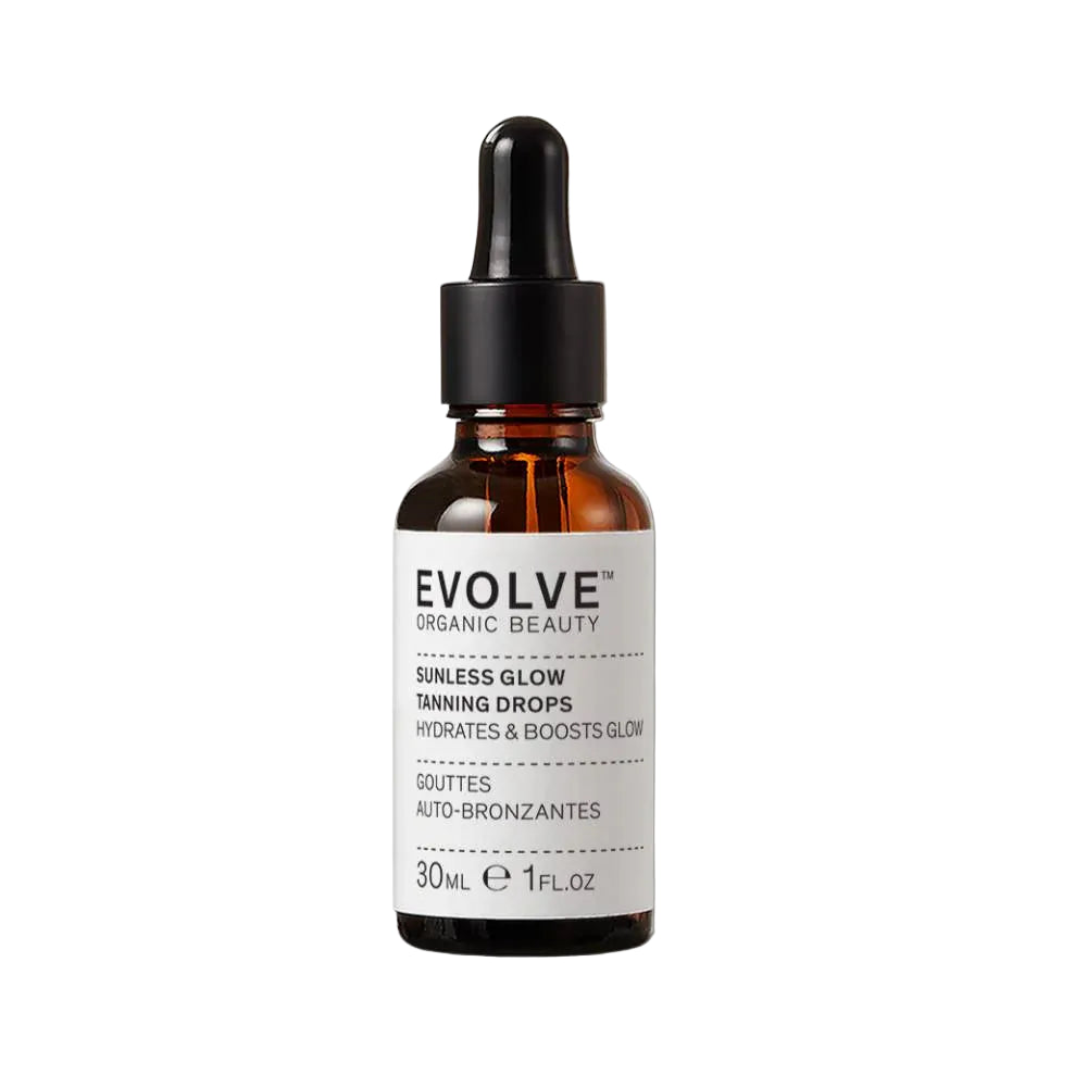 Evolve Organic Beauty tanning drop bottle on a white background