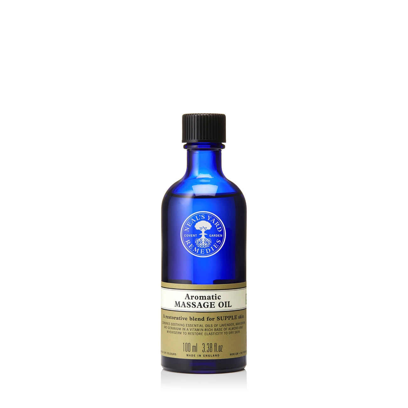 A 100ml bottle of brown-labeled blue Neal's Yard Remedies Aromatic Massage Oil against a white background. 