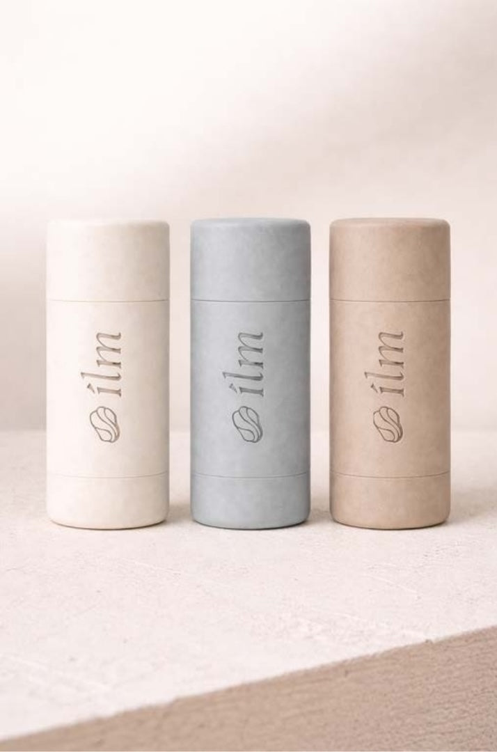 Three ILM Senteur refillable deodorants in stone finish